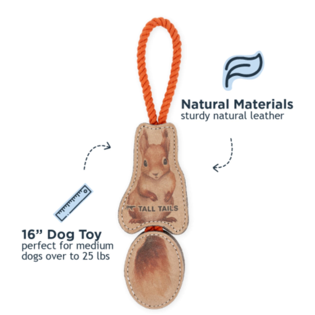 Tall Tails Dog Natural Leather Color Jointed Squirrel Tug, 16in.