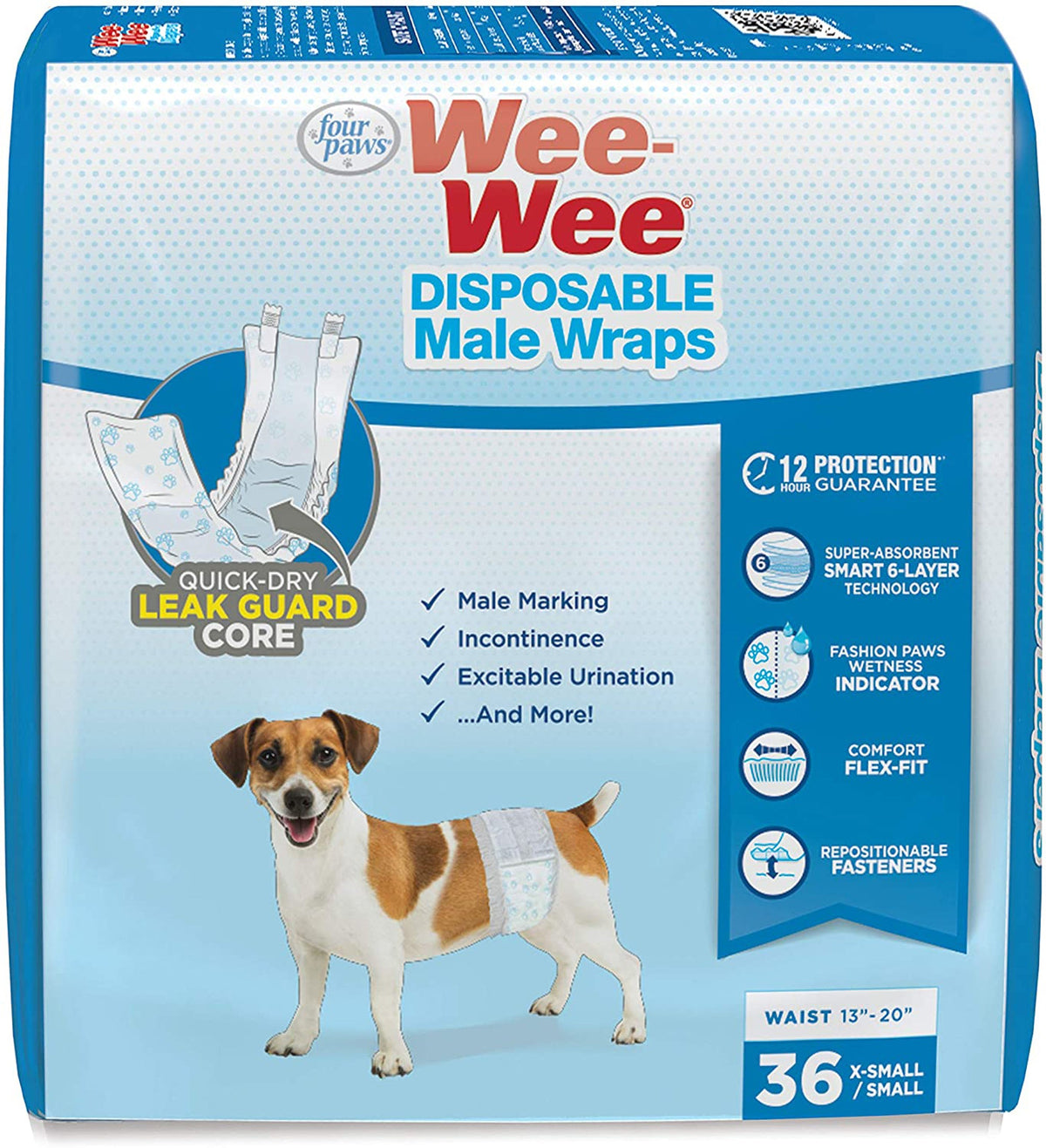 Four Paws Wee Wee Disposable Male Wraps X-Small/Small 36ct