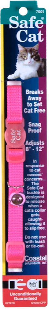 Coastal Safe Cat Adjustable Snag-Proof Nylon Breakaway Collar Neon Pink 3/8X12
