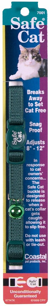 Coastal Safe Cat Adjustable Snag-Proof Nylon Breakaway Collar Hunter Green 3/8X12