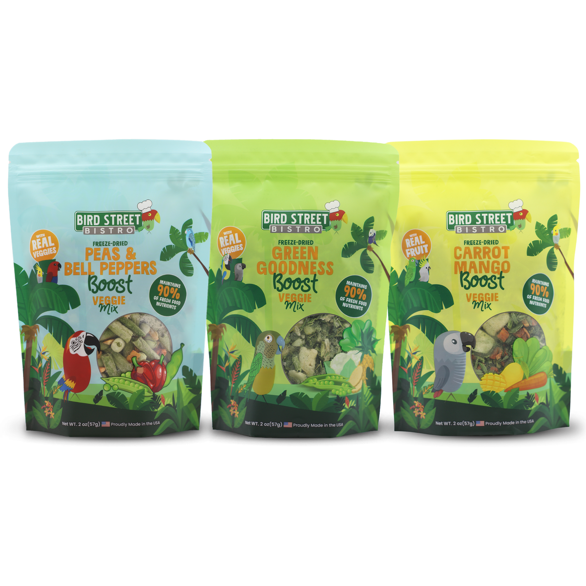 Freeze-Dried Tripack parrot vegetable blends with carrot mango, peas bell peppers, and green goodness boosts.