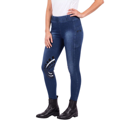 Equine Couture Ladies Denim Silicon Knee Patch Tights with Phone Pocket