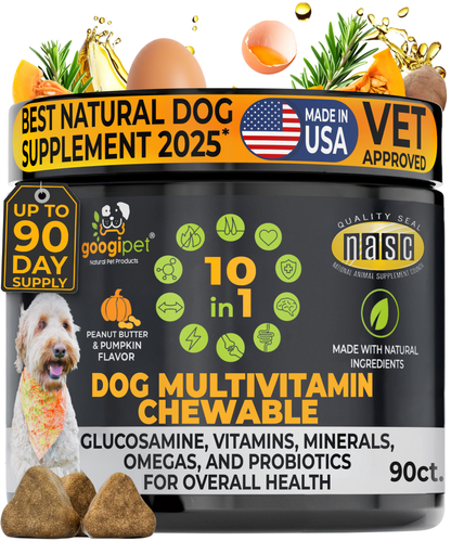 Googipet 10 in 1 Multivitamin Chews for dogs in peanut butter and pumpkin flavor with glucosamine and probiotics.