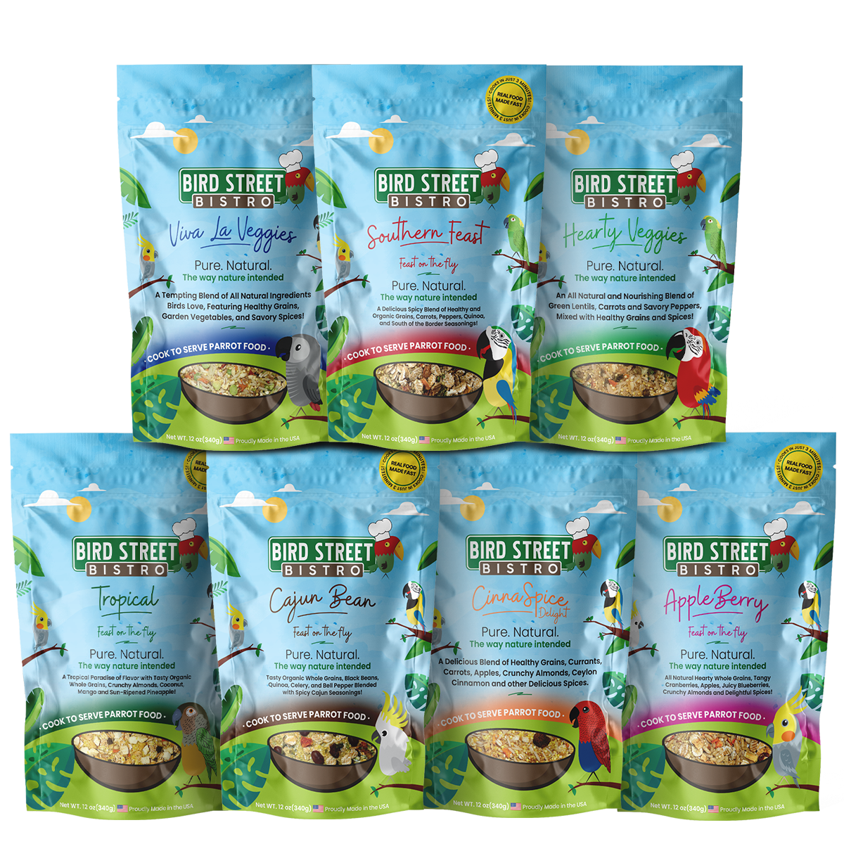Parrot Food Variety Pack with all-natural grains, fruits, and vegetables for healthy birds