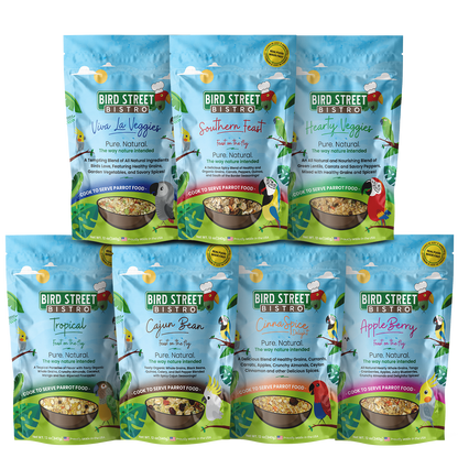 Parrot Food Variety Pack with all-natural grains, fruits, and vegetables for healthy birds