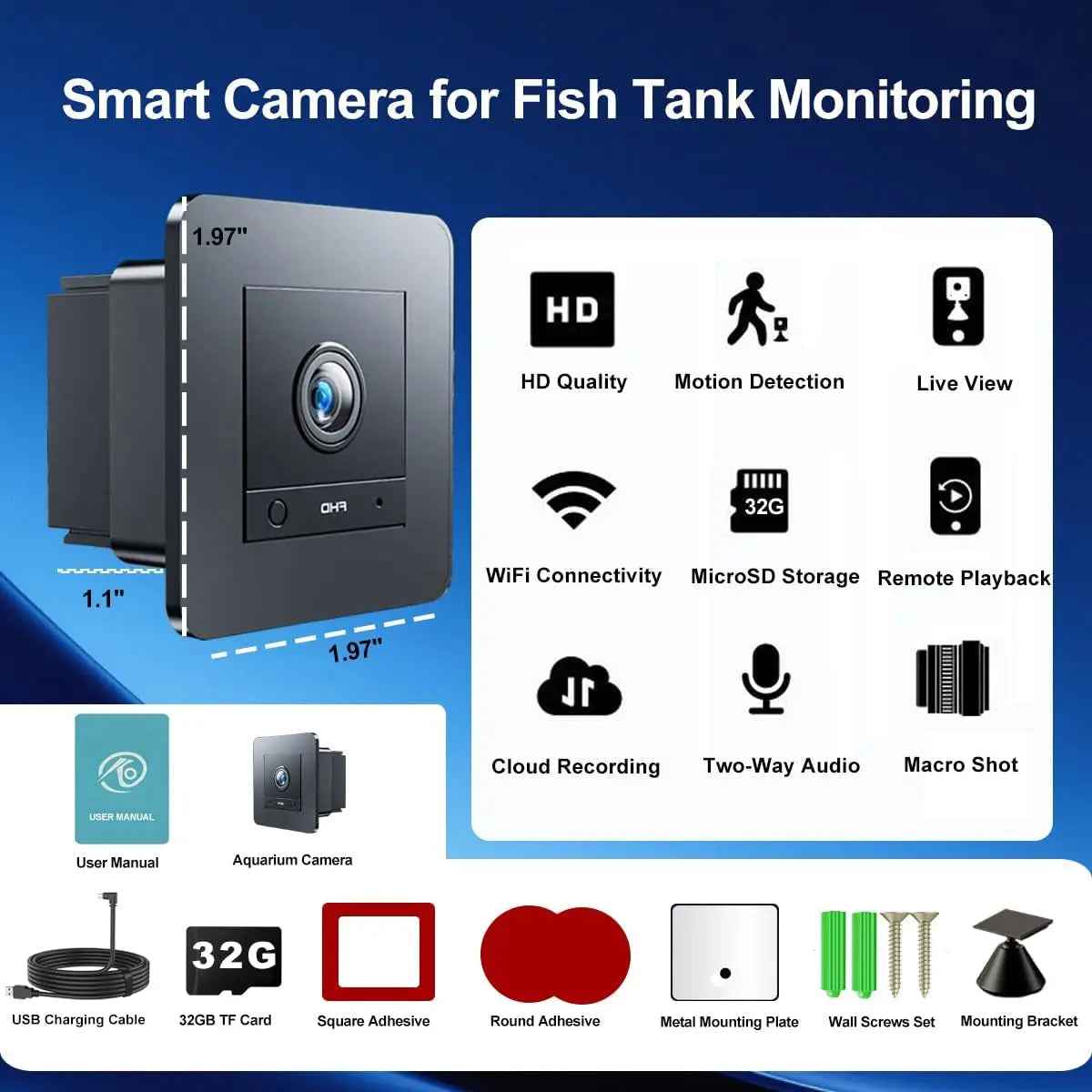 2K HD Aquarium Camera with Night Vision, Audio & 32GB Card