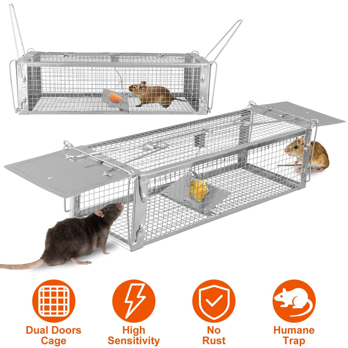 Dual Door Rat Trap Cage Humane Live Rodent Dense Mesh Trap Cage Zinc Electroplating Mice Mouse Control Bait Catch with 2 Detachable U Shaped Rod