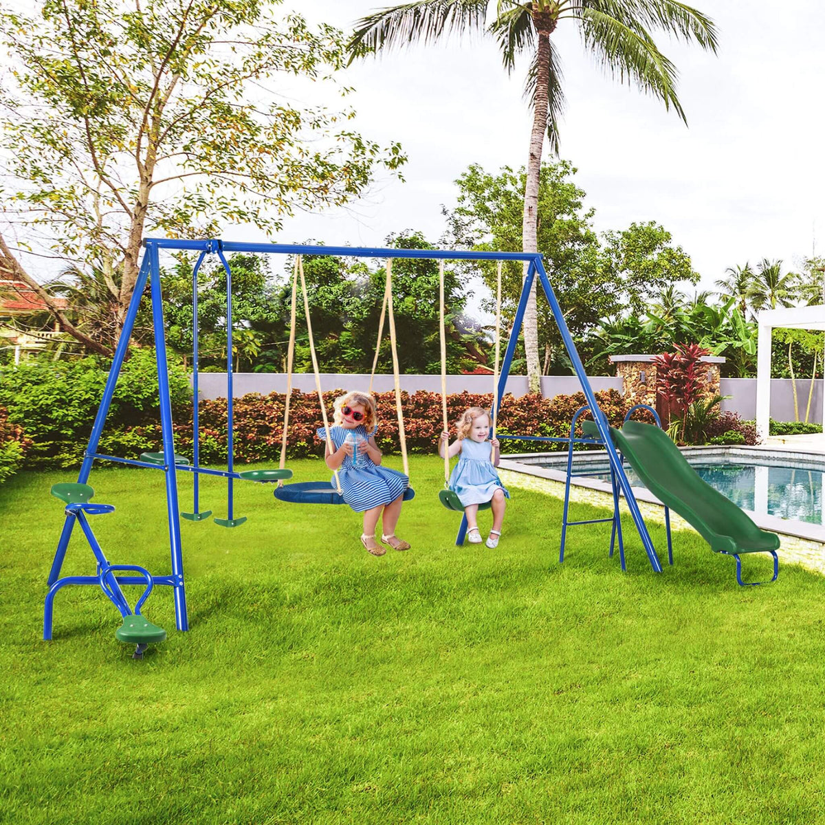 5-In-1 Heavy-Duty Outdoor A-Frame Swing Set With Saucer, Swing, Slide, Seesaw, Glider, And Swing Seat (SAK61472)