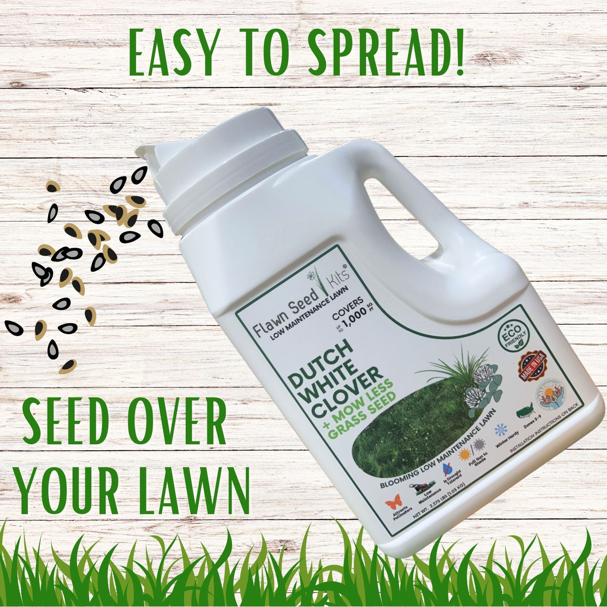 Dutch White Clover + Mow Less Grass Seed