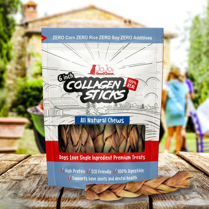 All-Natural Braided Collagen Stick Dog Treats, Supports Joint, Skin & Coat Health – 6-Inch Standard (4-Pack)