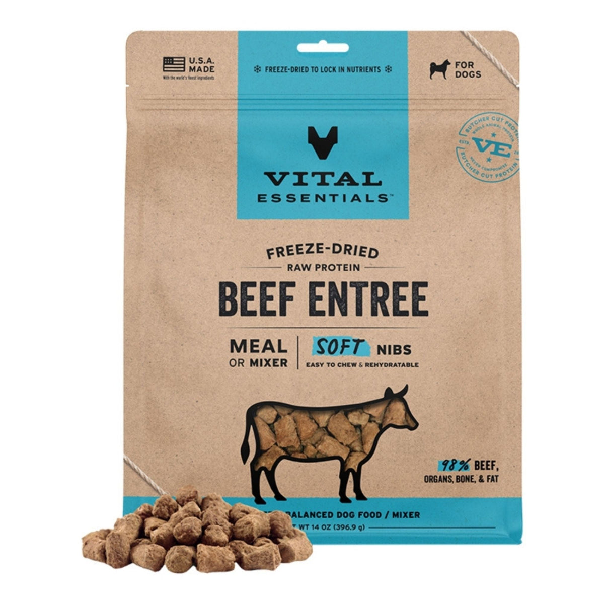 Vital Essentials Dog Freeze-Dried Raw Grain Free Beef Entree & Mixer Soft Nibs 14oz.