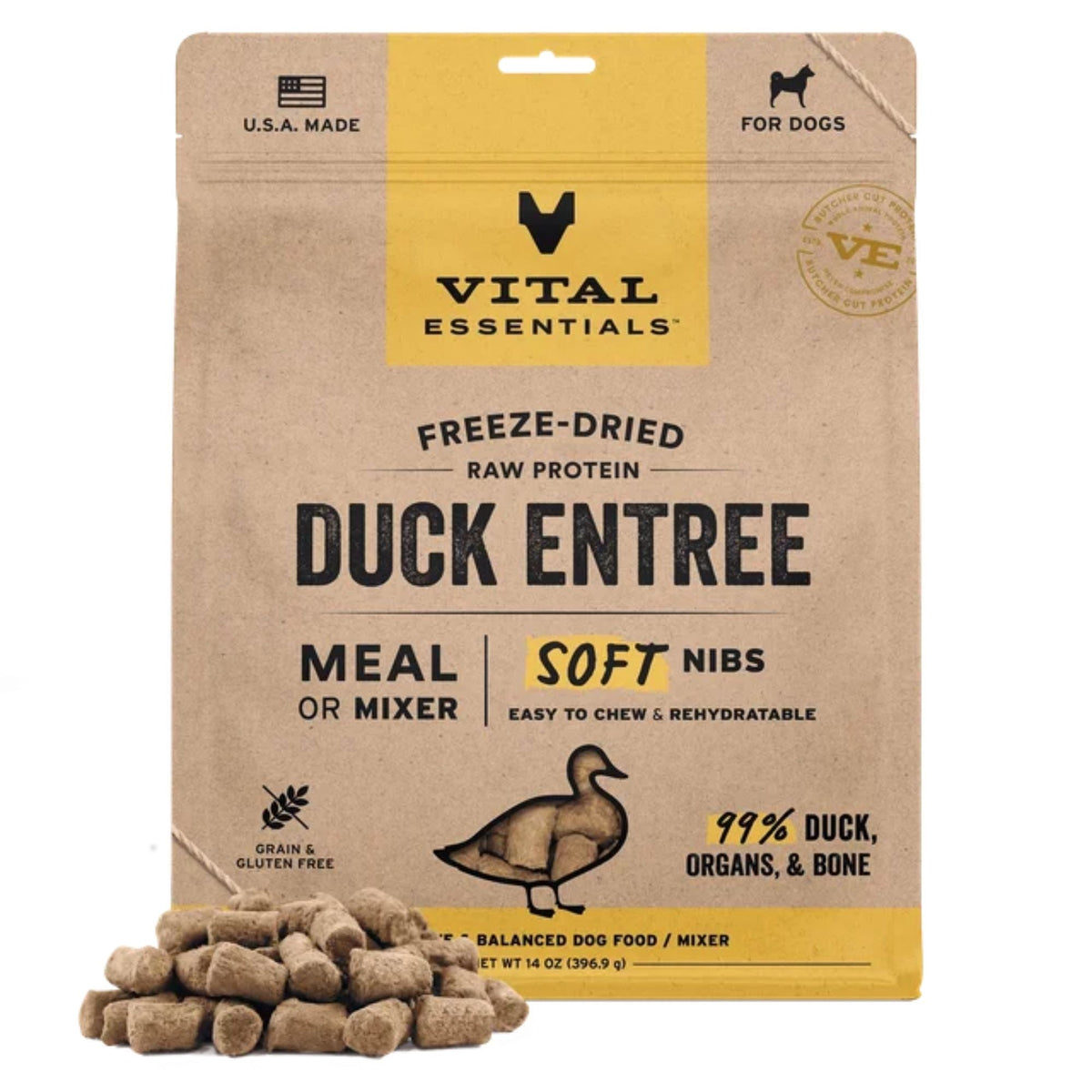 Vital Essentials Dog Freeze-Dried Raw Grain Free Duck Entree & Mixer Soft Nibs 14oz.