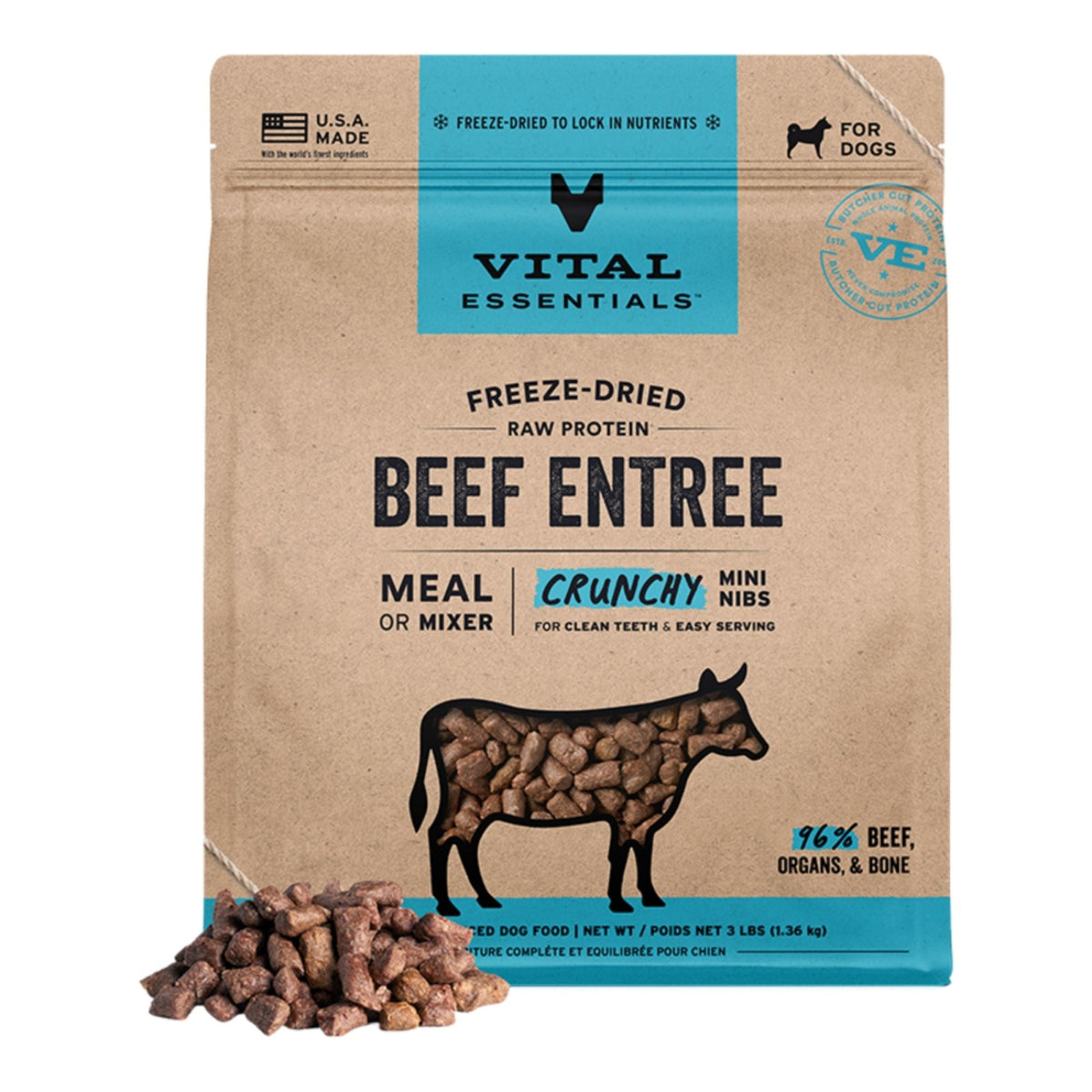 Vital Essentials Dog Freeze-Dried Raw Grain Free Grain Free Beef Entree & Mixer Dog Food Crunchy Mini Nibs 3Lbs