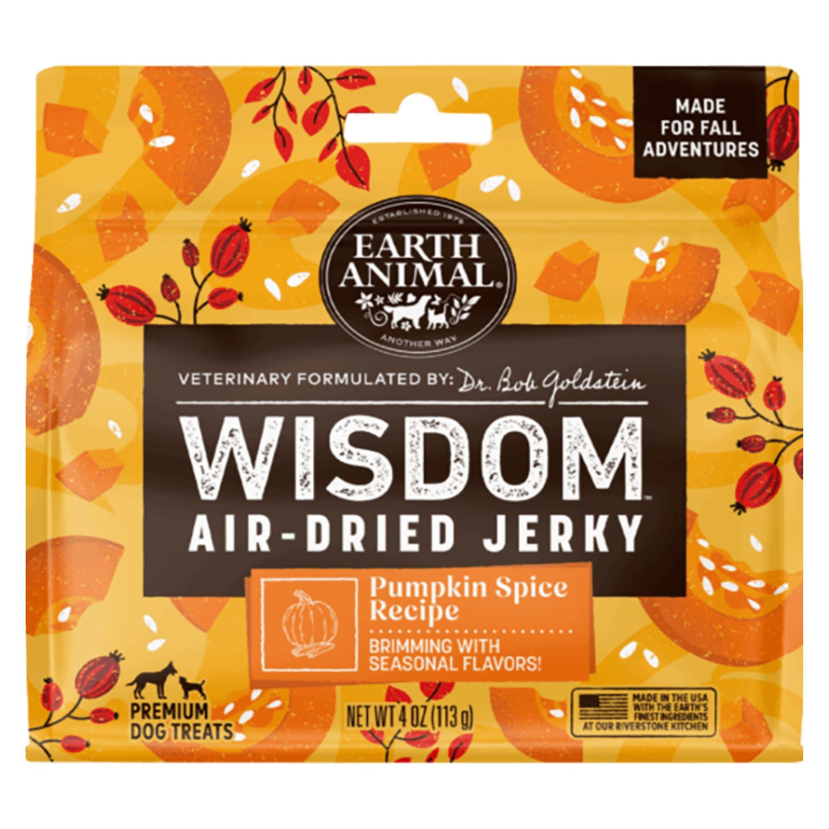 Earth Animal Dog Wisdom Air - Dried Jerky Pumpkin Spice Recipe 4oz.