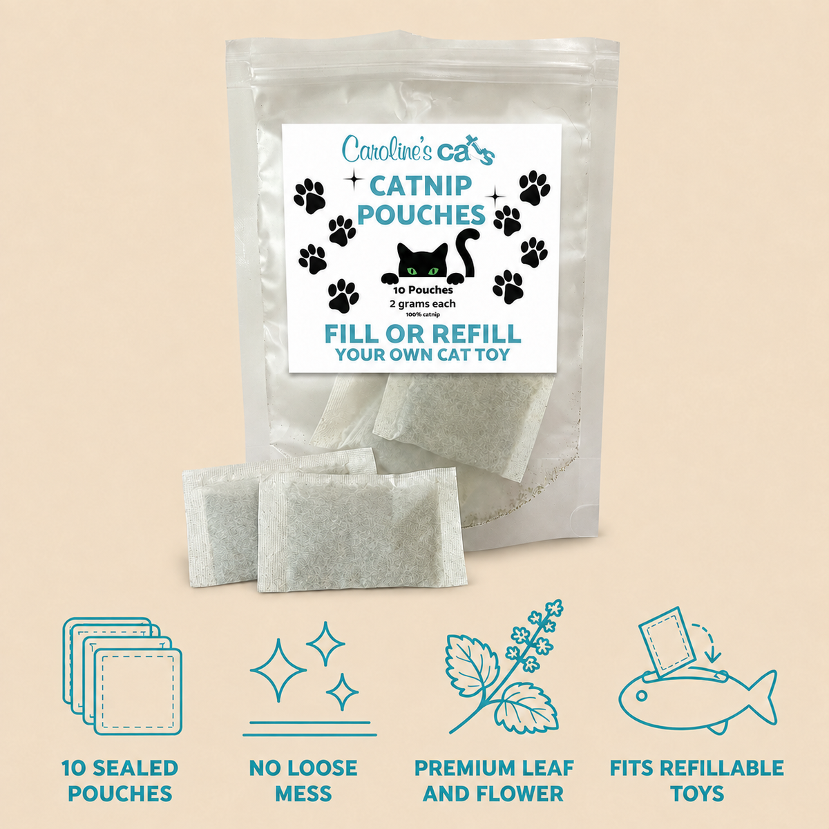 Caroline's Cats Organic Catnip Packets for Cat Toys – Refill Pouches for Flapping Bird, Flopping Fish, and More, 10 Tea Bags