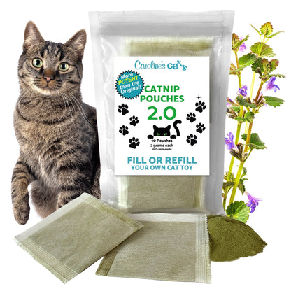 Caroline's Cats Organic Catnip packets with 10 refill pouches for cat toys like flapping bird and flopping fish