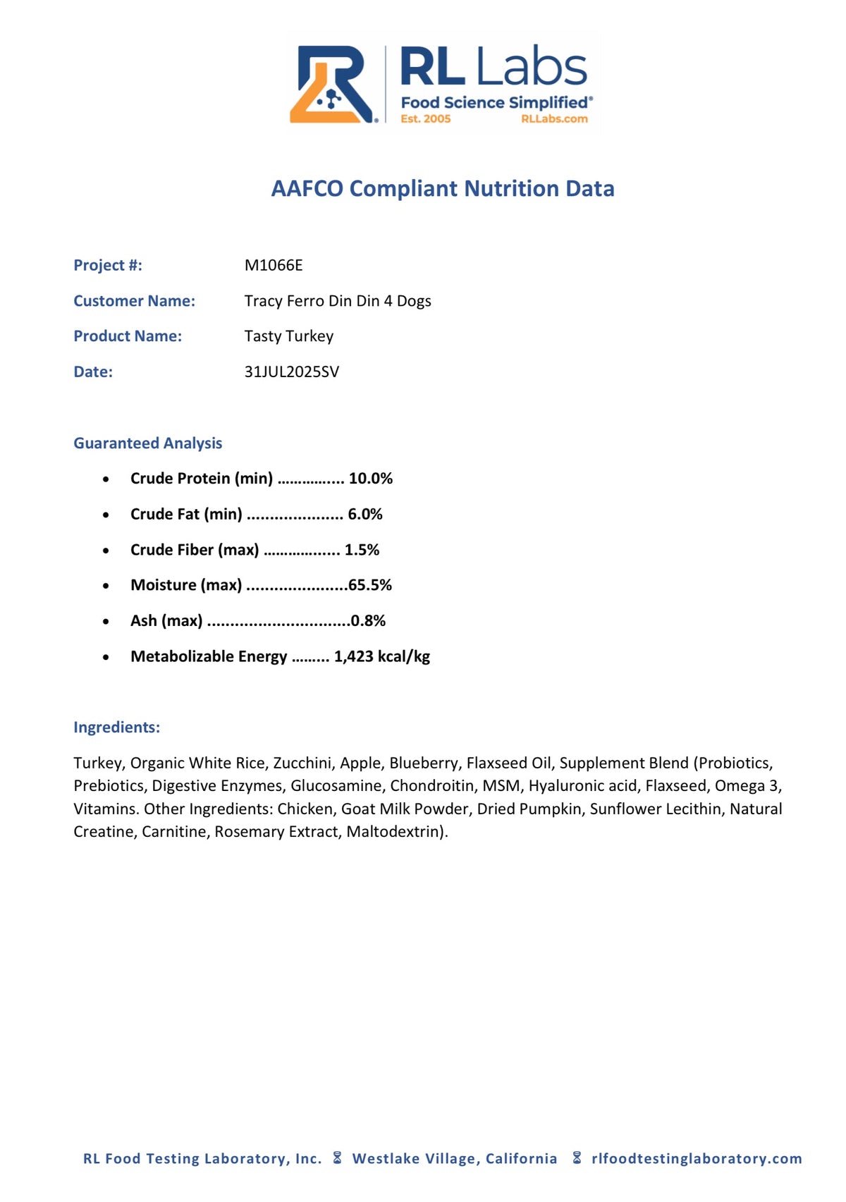 Tasty Turkey -case includes 24, 8oz meals
