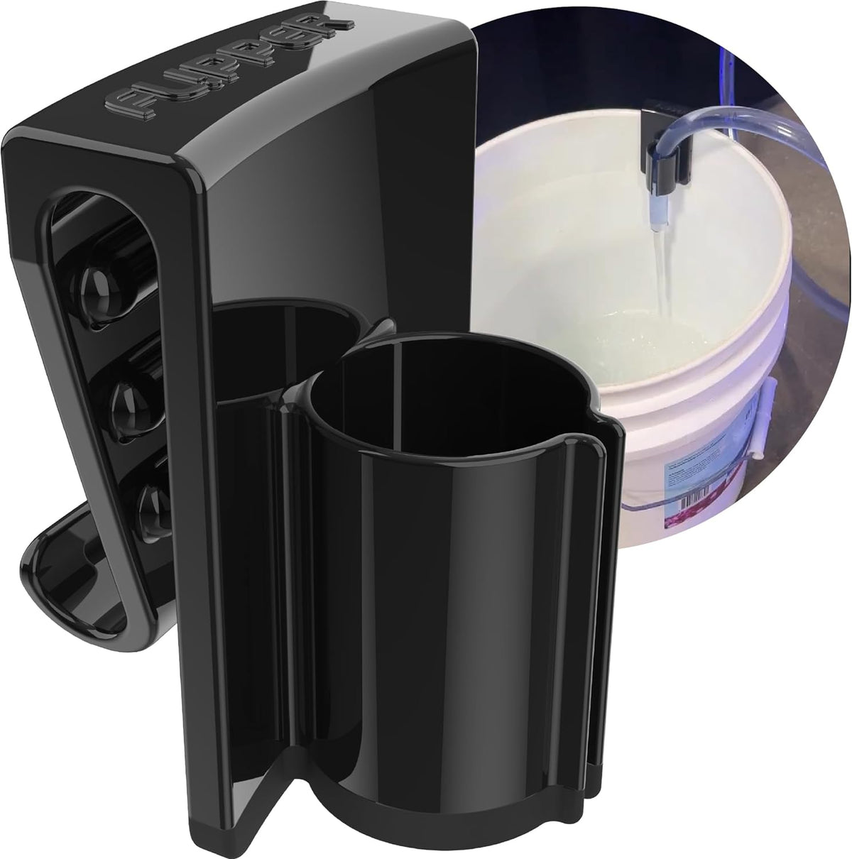 Flipper Bucket Buddy hose retention clip securing hose to bucket