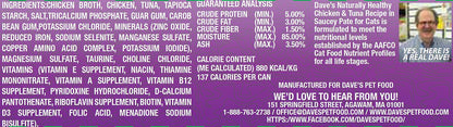 Dave's Naturally Healthy Grain Free Chicken & Tuna Recipe in Saucey Paté Wet Cat Food (5.5oz)