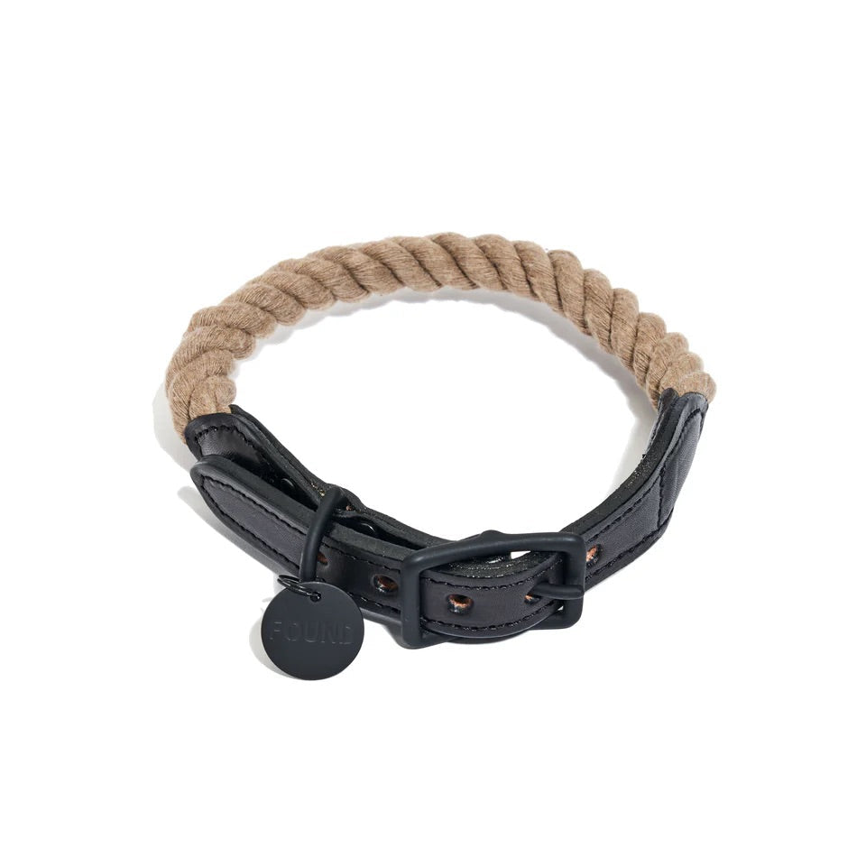 Found My Animal Matte Black/Natural Rope & Leather Collar Extra Large