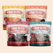 Farm to Pet Snack Pack Dog Treat Sampler with Chicken, Turkey, Beef, and Fish Chips in small bags