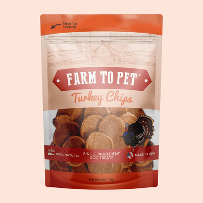 Crunchy all-natural Turkey Chips dog treats, single-ingredient turkey breast, healthy training snacks for dogs with allergies