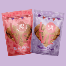 Puppy Love Dog Treat Duo with chicken and turkey chips in heart-covered bags for healthy pet snacks