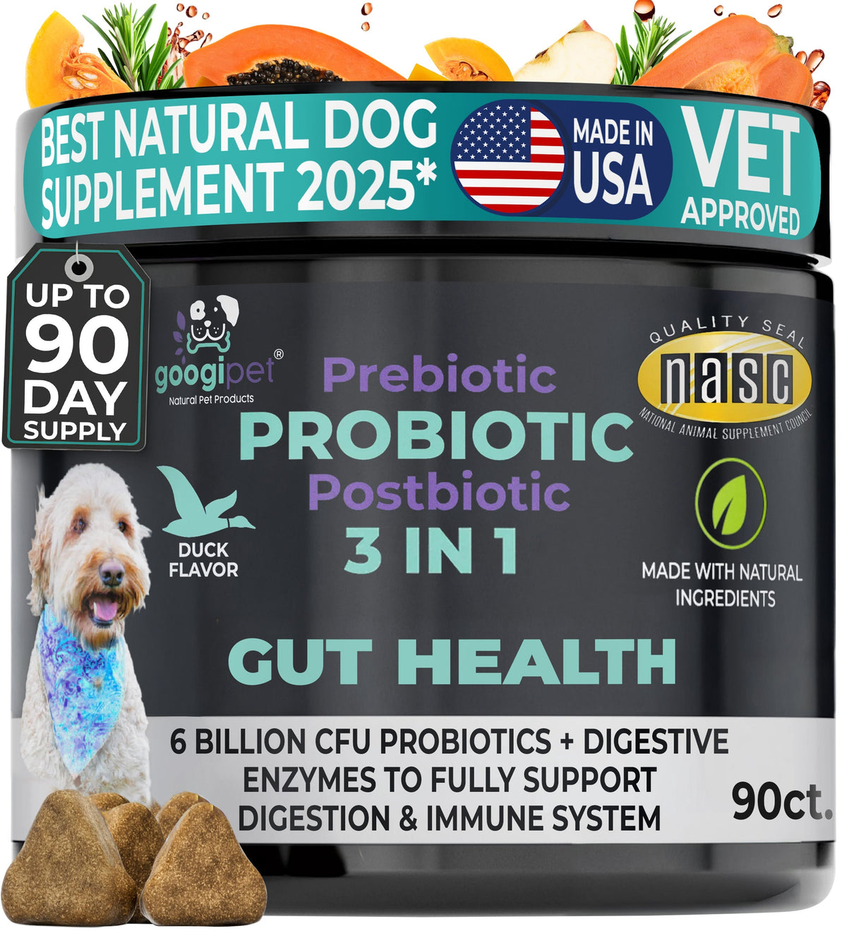 3 in 1 Probiotic Chews for dogs supplement jar with soft chews and natural ingredients label