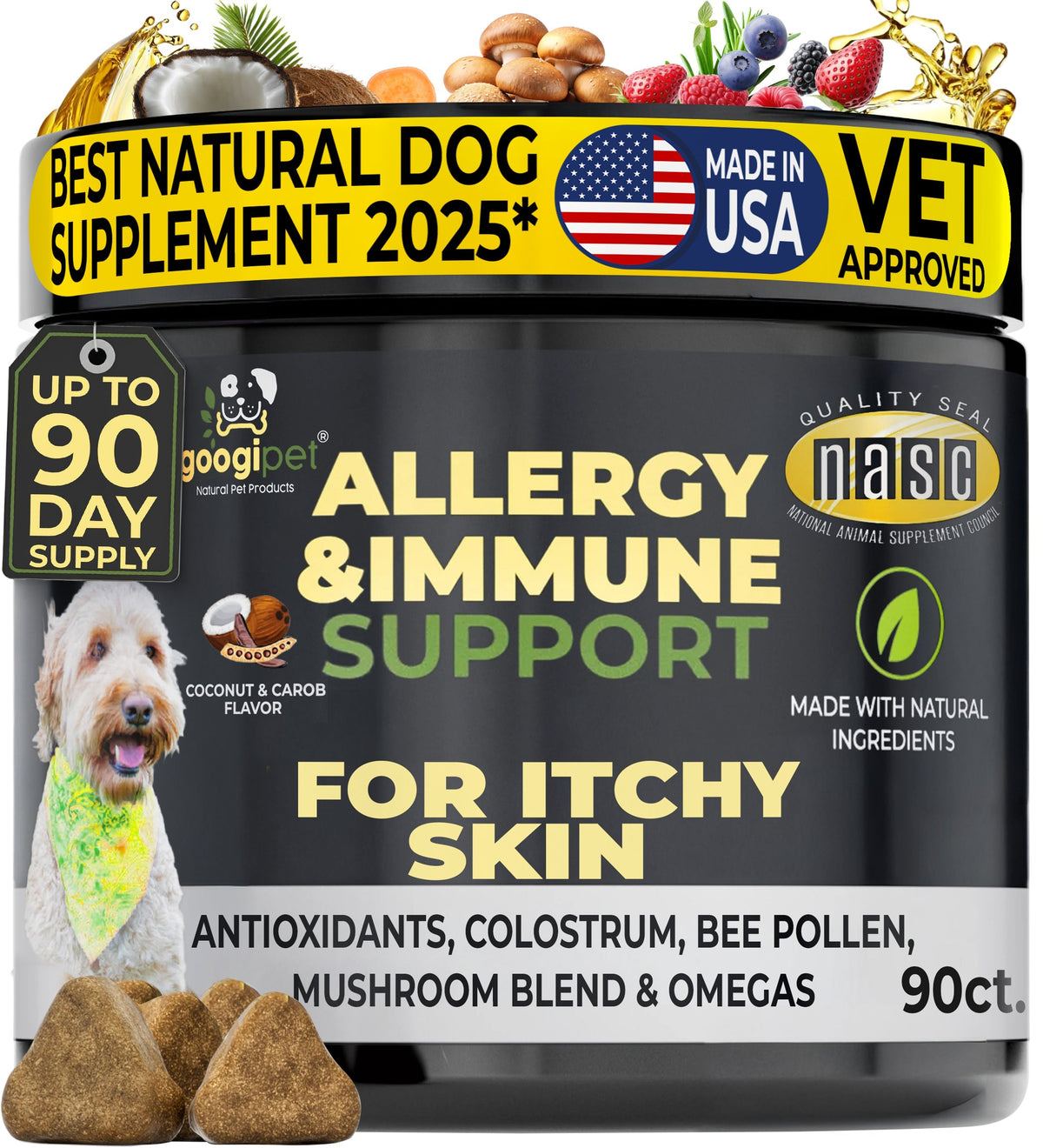 Allergy & Immune Support Chews for Dogs with coconut and carob flavor, packed with vitamins, omega-3, probiotics, and bee pollen for allergy relief and immune health