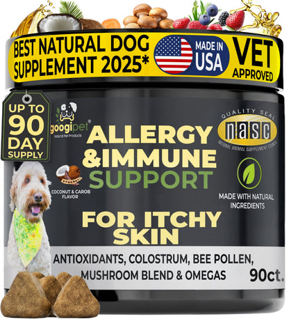 Allergy & Immune Support Chews for Dogs with coconut and carob flavor, packed with vitamins, omega-3, probiotics, and bee pollen for allergy relief and immune health