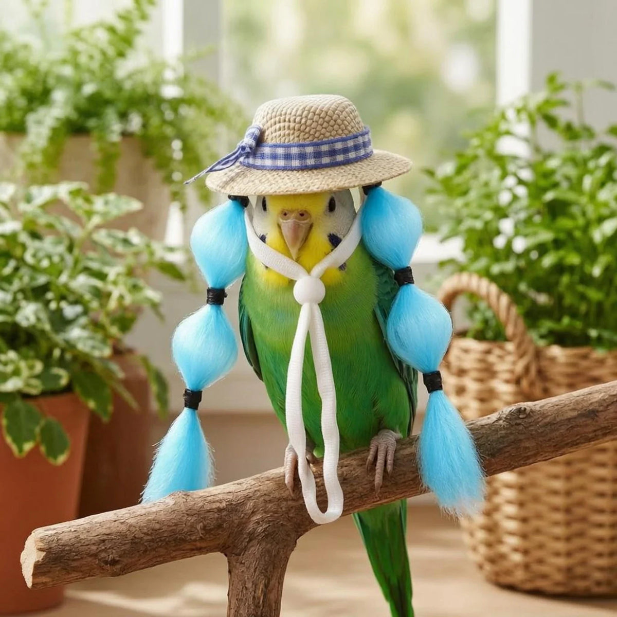 Small Pet Hat Decorative Plaid Ribbon Straw Hat Pet Costume Lightweight Breathable for Birds