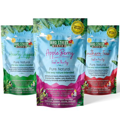 Parrot Food Tri-Pack with three natural blends for parrots including Hearty Veggies, Southern Feast, and AppleBerry