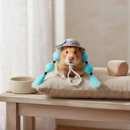 Small Pet Hat Chin Strap Plaid Ribbon Straw Hat Pet Costume Decorative Bead Accent for Birds