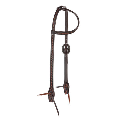 WD-RTSEH-HO-23 Heavy Oiled Rope Tooling Silver Scroll Double Buckle 5 8 Inch Single Ear Headstall