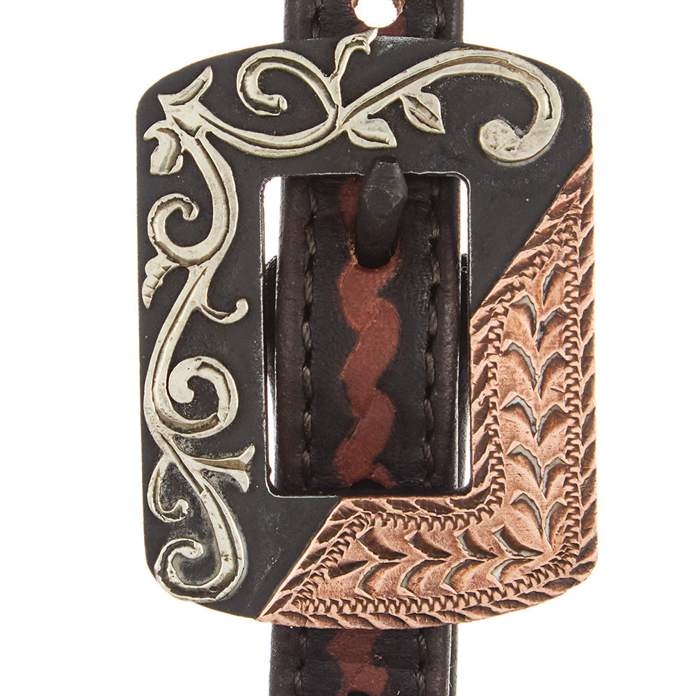 WD-RTSEH-HO-7 Heavy Oiled Rope Tooling Silver Scroll Copper Bar Double Buckle Single Ear Headstall