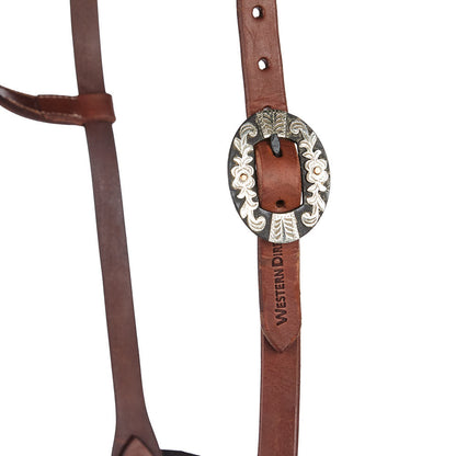 WD-SEHO-13 Heavy Oil Harness Leather Floral Silver Bar Single Buckle Single Ear Headstall