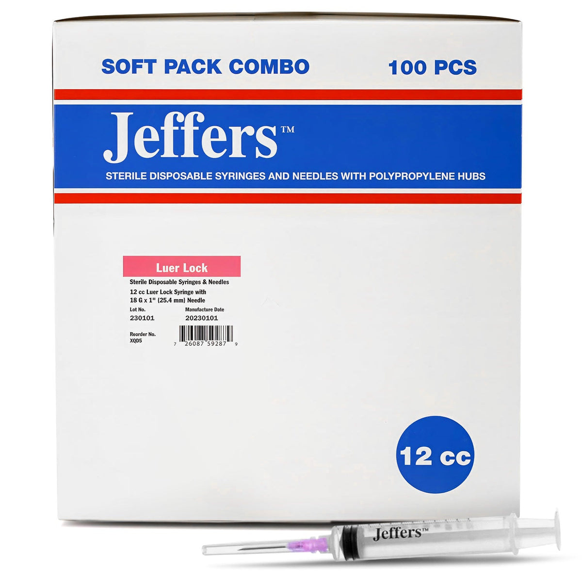 Jeffers Luer Lock Syringe/Needle Combo, Box of 100
