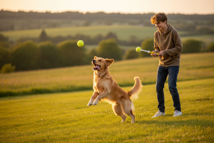 a teenager playing with his golden retriever using a Ball launcher toy