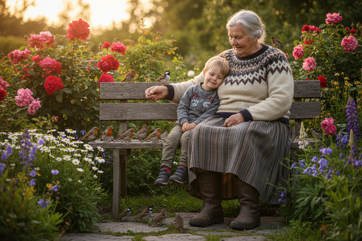an old and large norwegian woman in a beautiful flower garden with her grandson on her lap. there are about 20 beautiful birds all around, some eating seeds off the bench, others on the shoulder of the grandmother. it looks believable