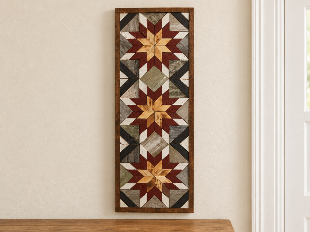 Handmade Amish Barn Quilt Banner Wall Art – 10.5in x 30in Reclaimed Wood Mosaic