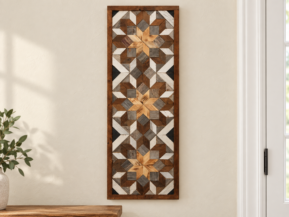 Handmade Amish Barn Quilt Banner Wall Art – 10.5in x 30in Reclaimed Wood Mosaic
