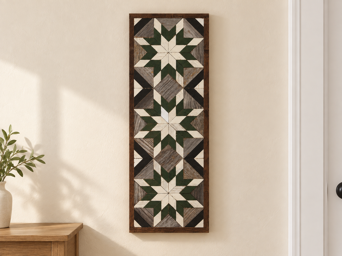 Handmade Amish Barn Quilt Banner Wall Art – 10.5in x 30in Reclaimed Wood Mosaic