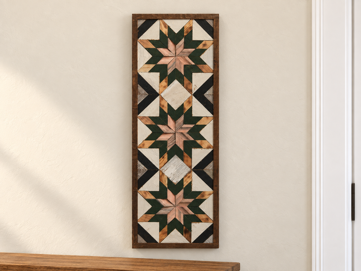 Handmade Amish Barn Quilt Banner Wall Art – 10.5in x 30in Reclaimed Wood Mosaic