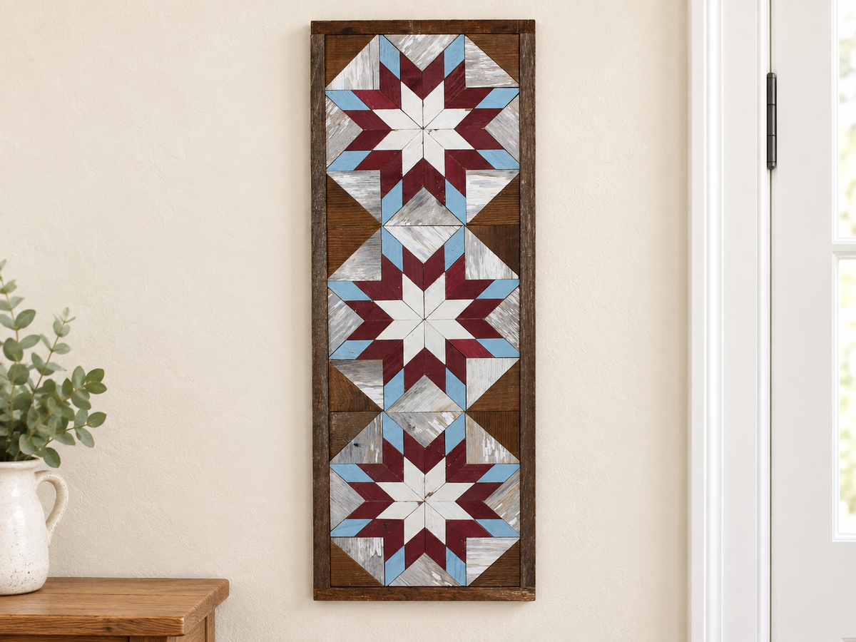 Handmade Amish Barn Quilt Banner Wall Art – 10.5in x 30in Reclaimed Wood Mosaic