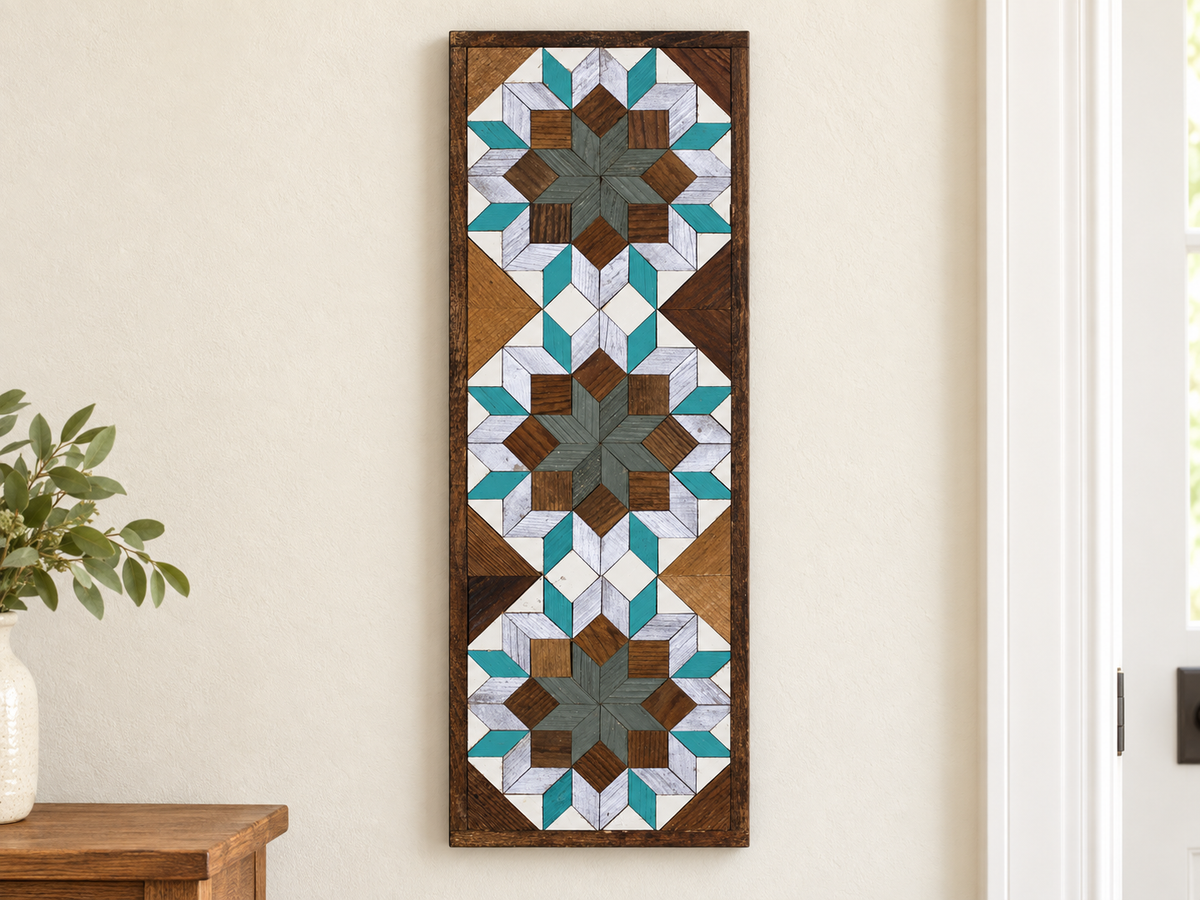 Handmade Amish Barn Quilt Banner Wall Art – 10.5in x 30in Reclaimed Wood Mosaic