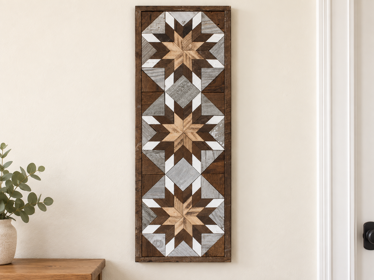 Handmade Amish Barn Quilt Banner Wall Art – 10.5in x 30in Reclaimed Wood Mosaic