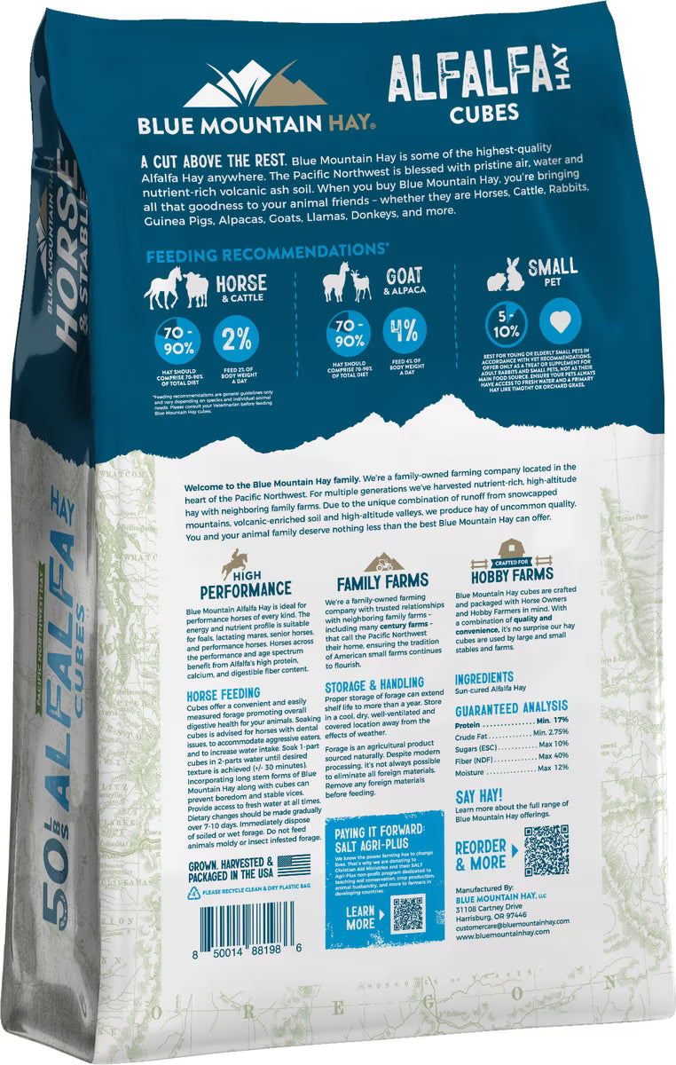 Blue Mountain Hay High-Altitude Alfalfa Hay Cubes Horse Feed, 50 lbs