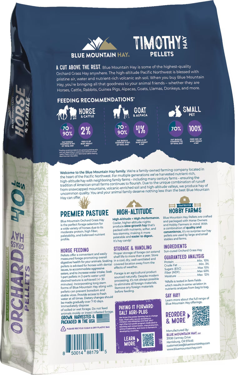 Blue Mountain Hay High-Altitude Orchard Grass Hay Pellets Horse Feed, 40 lbs