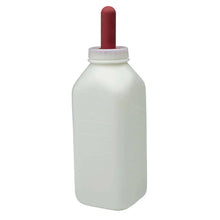 Two quart plastic calf bottle with screw-on rubber nipple for feeding calves