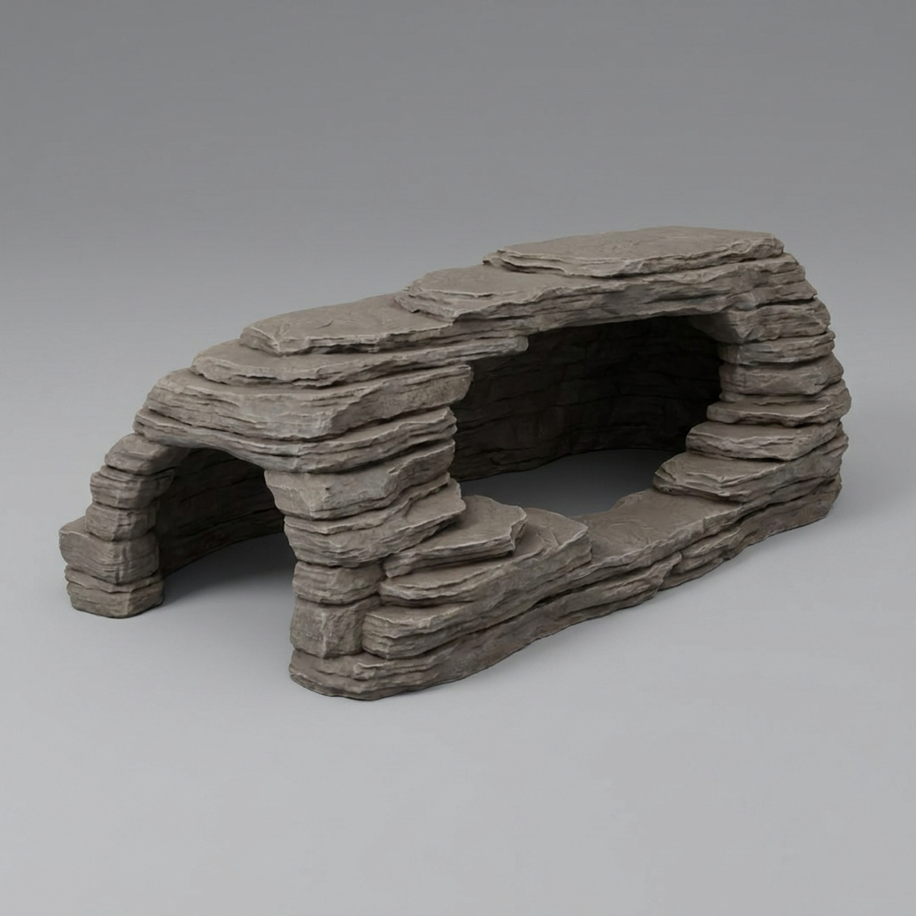 deep rocky cave hide for reptiles and snakes, it lookes like ledges of sedimentary rock, its long and wide, one staunch opening with some extra head space in the interior. its ready to 3d print with minimal supports - STL - Digital product